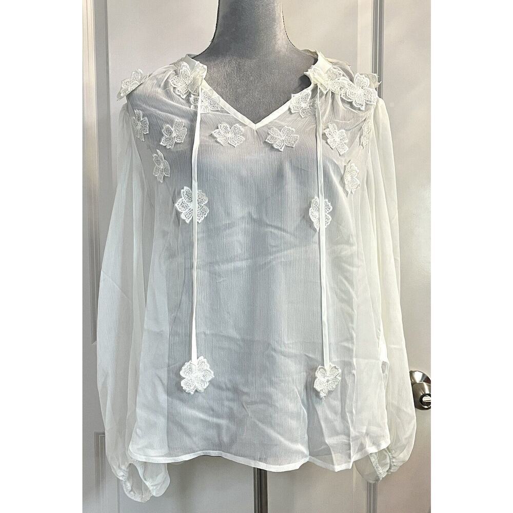 Adriana Papell Sheer Floral Lace Embroidered Top Blouse XL LS Chiffon Ivory